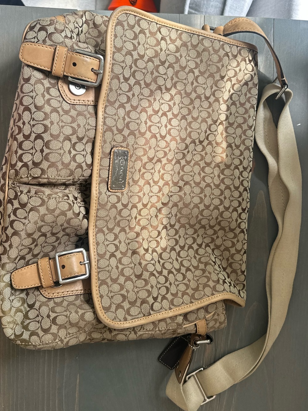 Coach Brown Signature Canvas Crossbody Messenger Bag with Tan Trim